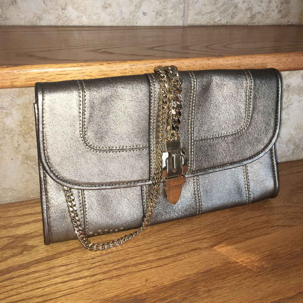 Milly Metallic Clutch with Strap, gold accents